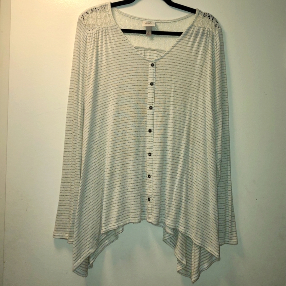 Women's Long Sleeve White/Grey Striped Top, L